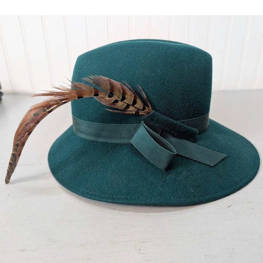 Geo W Bollman Peachfelt Wool Fedora Hat Teal Green Pheasant Feather Made in USA